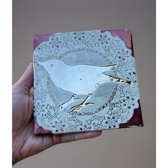Handcrafted ceramic clay wall Tile plaque doily textured bird metallic mirror - Picture 1 of 6